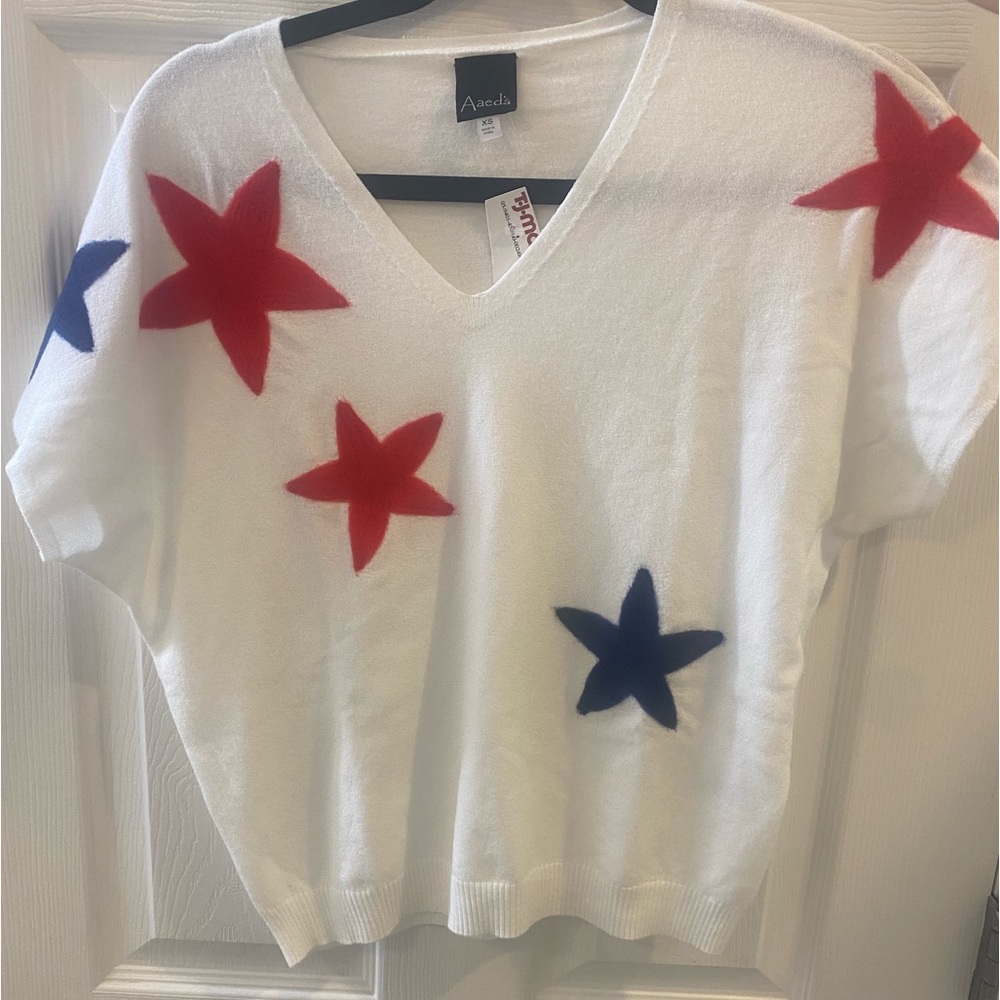 Aaeda White V-Neck Top with Red and Blue Star Accents